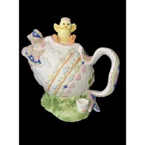 Easter Teapot Chick Finial Pastel Bow Grass Base Spring Ceramic 9”